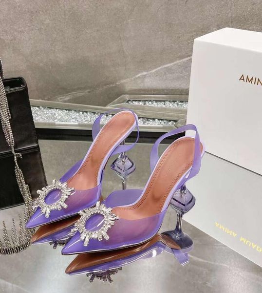 Amina Muaddi Sandales pour femmes semelle en cuir designer talons hauts noir rose diamant chaîne décoration banquet femmes chaussures soie mariage sexy formel avec boîte élégante