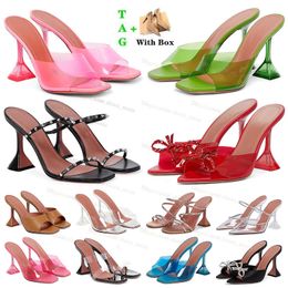 Amina muaddia sandalias de tacón alto para mujer zapatillas de diseñador de cristal de lujo tacones de carrete damas marca famosa sandalias de diseñador de pvc suave transparente con caja