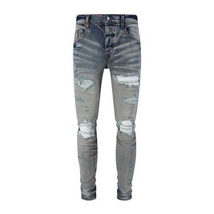 AMICCA Brand Trendy Couleur légère Cow Cow lavée et usée Patchwork MX1 Elastic Slim Fit Jeans Mens High Street Instagram