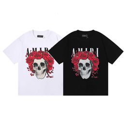 AMIRII TRENDY SKULL ROSE Coton imprimé Coton Round Nou Casual Casection Short Mens Mens and Womens Couple porte un grand T-shirt Pullover