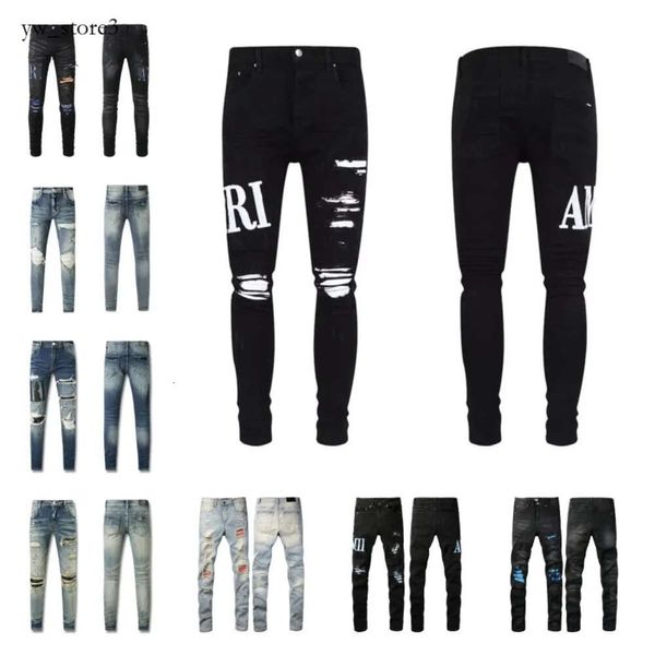 AMIRIR Jeans Diseñador para hombres Jeans Purple Jeans High Street Hole Star Patch Star Womens Amirir Star Bordery Panel Pantalones Estirados Pantalones de pantalones delgados