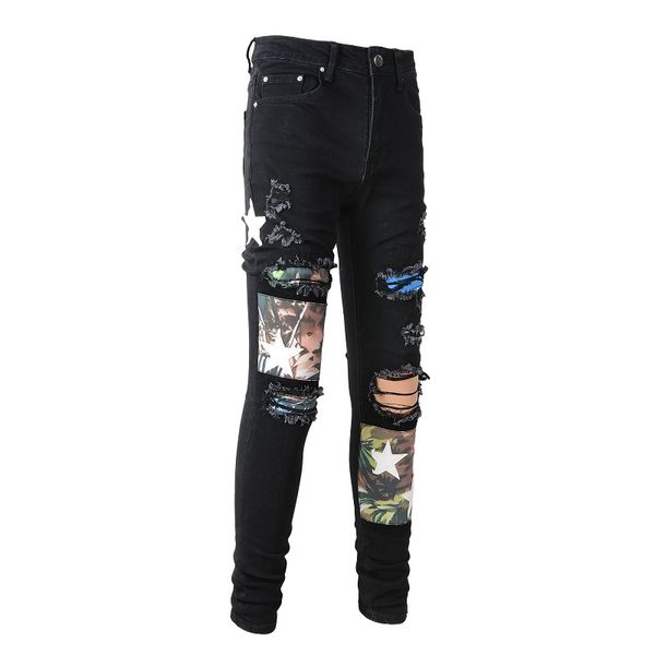 AMIRJ Jeans Designer Jeans Luxury High Street Hole Patch pour hommes Panneau Stretch Pantal