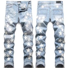 AMIRJ Jeans Designer Jeanshigh Street Hole Star Patch Men's Womens Amirj Star Panel de broderie Stretch Slim-Fit Pantalon Purple Ripped Jeans