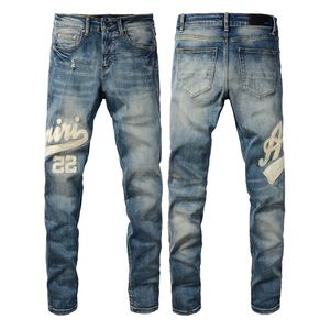 Amirj jeans top-end kwaliteit designer jeans high street gat patch patch heren luxe borduurwerkpaneel stretch broek paarse gescheurde amirs jeans