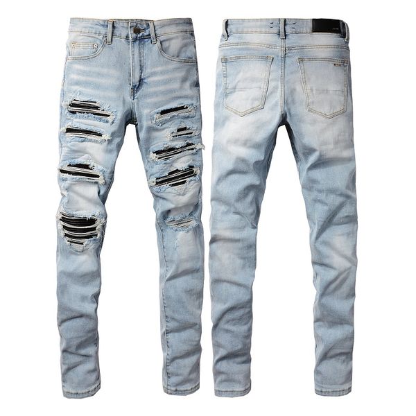 AMIRJ Jeans de qualité haut de gamme Jeans de concepteur de haut niveau High Street Patch pour hommes Panneau Stretch Pantal