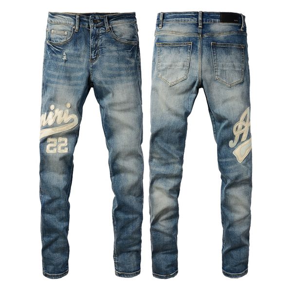 AMIRJ Jeans de qualité haut de gamme Jeans de concepteur de qualité supérieure High Street Patch Men's Luxury Panel Strethers Pantals Purple Ripped Amirs Jeans