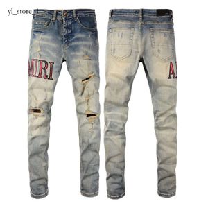 Amirj Star Jeans Designer Jeans High Street Hole Star Patch Panneau de broderie pour hommes et femmes Stretch Kusbi Jeans Pantalon violet déchiré Amirs Jeans 9900