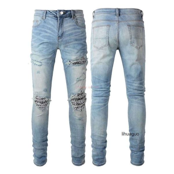 amirl amirlies am amis imiri amiiri Ropa de diseñador Jeans Pantalones de mezclilla es Moda de calle para hombre Arrugas plisadas Patrón de flor de anacardo Parches amari Roto TU2D