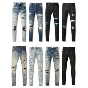 Amirly Designer Stack Stacked Europese Paarse Jeans Quilten Gescheurd voor Trend Brand Vintage Pant Heren Fold Slim Skinny Broek