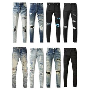 Amirly Designer Stack Stacked Jeans Europese paarse jeans voor heren Quilten Gescheurd voor Trend Brand Vintage Pant Heren Fold Slim Skinny broek