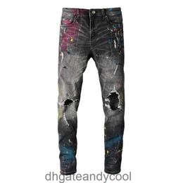 Amirres Jeans Designer Broek Man Zwarte gaten gewassen gekleurde graffiti Denim afslankende slanke broek gescheurde jeans trendy jonge man THPY