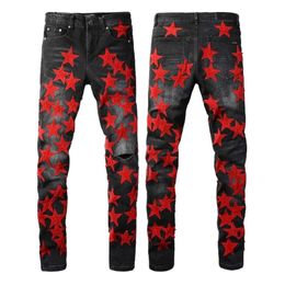 Amirs Designer Jeans Topkwaliteit herenjeans voor jongens Slim Fit Skinny broek Oranje sterpatches Dragen Biker Stretch Motor Trendy