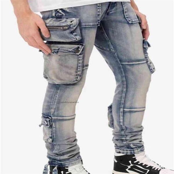 Amirs Designer Hommes Jeans Amirs New High Street Multi Pocket vieux bleu vêtements de travail locomotive lavage ruban jeans marée marque poiso267n