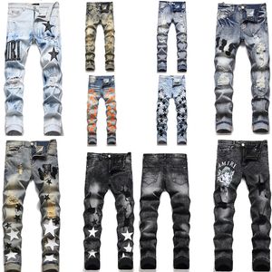 Amirs designer Jeans para hombre High Street Hole Star Patch Pantalones de panel bordado para mujer para hombre Pantalones ajustados elásticos tamaño 29/30/31/32/33/34/36/38