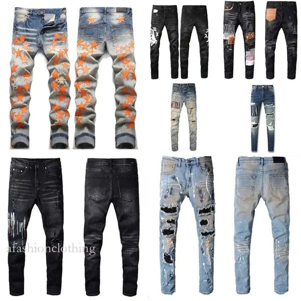 Amirs Designer Jeans para hombre High Street Hole Star Patch Hombres Mujeres Amirs Star Panel bordado Pantalones Stretch Arimis Jeans 944