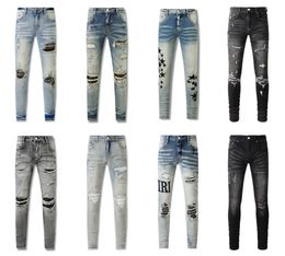 Amirs diseñador jeans para hombre jeans morados calle principal parche de estrella rasgado hombres mujeres amirs estrella pantalones con panel bordado pantalones delgados elásticos jeans amirir Marca púrpura