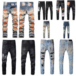 Amirs diseñador Jeans para hombre Jeans morados High Street Hole Star Patch Hombres para mujer Amirs Star Panel bordado pantalones pantalones elásticos ajustados pantalones