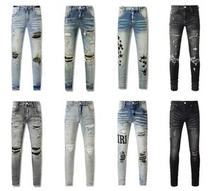 Amirs designer Heren jeans paarse jeans ksubi jeans High Street Hole Star Patch Heren dames amirs ster borduurwerk denim jeans stretch slim-fit broek paars merk