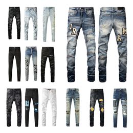 Amirs Designer Heren Paarse Jeans High Street Hole Star Patch Heren Dames Amirs Star Borduurpaneel Stretch Slim-fit