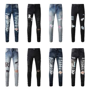 Amirs jeans designer Heren jeans paarse jeans High Street Hole Star Patch Heren dames amirs ster borduurpaneel broek stretch slim-fit broek broek maat 29-40