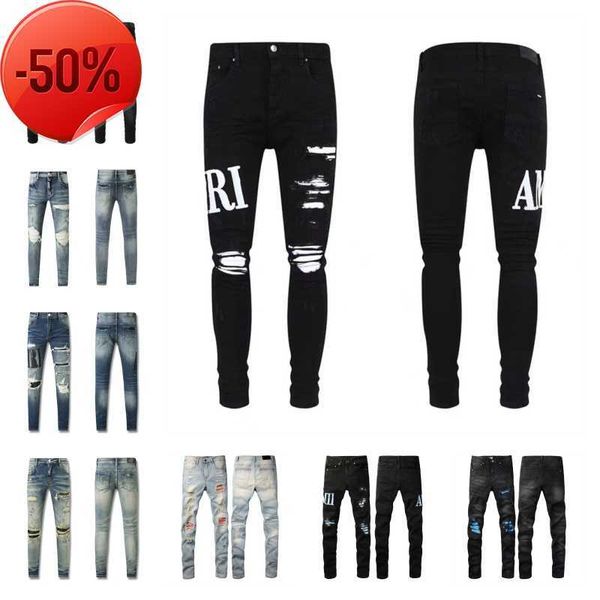 Amirs Jeans diseñador Jeans para hombre jeans morados High Street Hole Star Patch para hombre para mujer Amirs Star bordado panel pantalones pantalones elásticos ajustados pantsZN6R