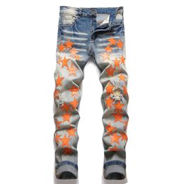 Jeans voor mannen heren jeans gescheurd jeans met oranje sterren regelmatig fit letter borduurwerk ritssluiting zwart medium potloodbroek ontwerper jeans heren slanke scheurbroek 38