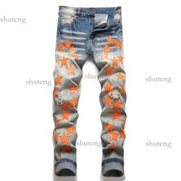 Amirs Jeans voor heren Herenjeans Gescheurde jeans met oranje sterren Normale pasvorm Letterborduurwerk Ritssluiting Zwart Medium potloodbroek Designer 59