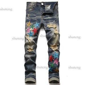 Amirs Jeans voor heren Herenjeans Gescheurde jeans met oranje sterren Normale pasvorm Letterborduurwerk Ritssluiting Zwart Medium potloodbroek Designer 121