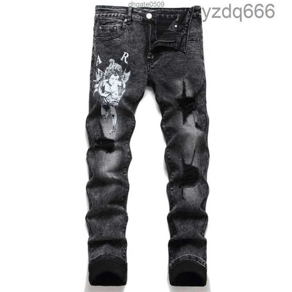 Amirs Jeans para hombre rasgados con estrellas naranjas Corte regular Bordado de letras Cremallera Mosca Pantalones de lápiz medianos negros Agujero de diseñador Slim 12oigzFCGY FCGYVLMC VVLMC VLMC