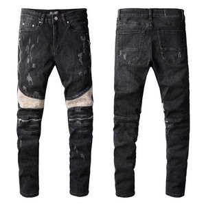 Amirsity Man Jeans pour le denim noir de meilleure qualité déchiré avec une fermeture à glissière Knee Skinny s'adapte aux gars minces Biker Moto Moto Straight Vintage Dommage Damaged Stretch Pantal