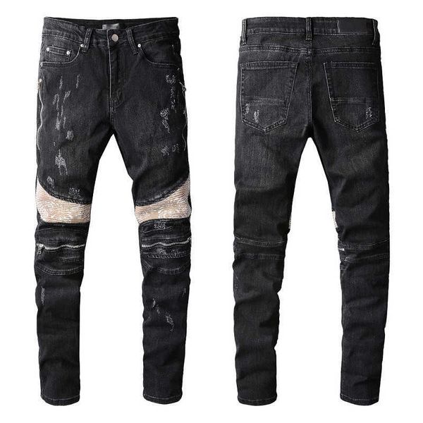 Amirsity Man Jeans para mezclilla negra de la mejor calidad raspada con cremallera de rodilla ajustada a los delgados hombres del delantero para hombres, moto de angustia vintage dañada