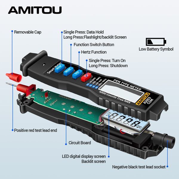 Amitou Professional Digital multimètre stylo AC / DC Voltmètre Ammeter Electric Tension Tester NCV HZ Diode Continuity Live Metter