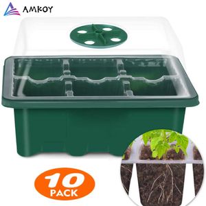 AMKOY 6/12 Cellen Zaad Starter Kit Plant Zaden Grow Box CSEDling Trays Kieming Doos met koepel en basis 210615