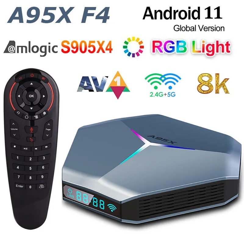 Amlogic S905X4 Android TV Box 4GB 32GB mit G30S Sprachfernbedienung 8K RGB Licht A95X F4 Smart Android11.0 TVbox Plex Medienserver 2,4G 5G Dual WIFI Bluetooth 2G 16G