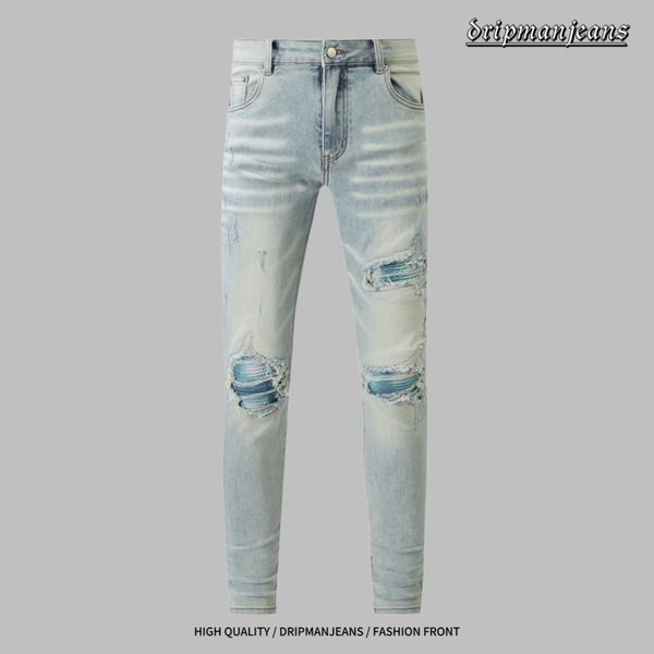 AMlRl diseñador jeans para hombres jeans morados High Street parches rasgados hombres mujeres Amirs estrella pantalones con panel bordado pantalones elásticos ajustados