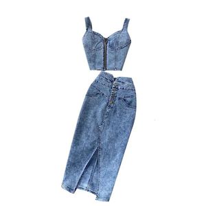 Amolapha dames jeans tank vestskirts sets vrouw meisjes slanke denim banden tops knoppen maxi rok pakken 240510