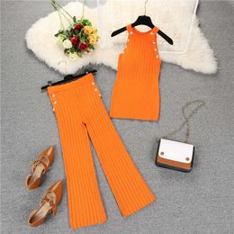 Amolapha Vrouwen Breien Buttons Vest + Mid-Calf Broek 2 stks Kleding Sets Knit Button Tank Tops Pant Suits Y0625