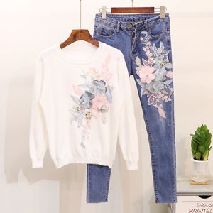 Amolapha dames pailletten 3D bloemen pullovers denim jeans pakken gebreide truien tops slanke fit broek sets voor vrouwelijke vrouw d18110503