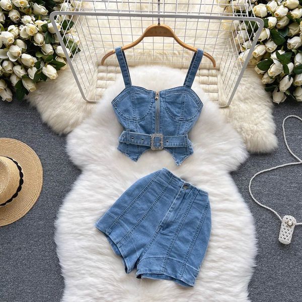 Amolapha Womens Summer Holiday Beach Style 2pcs Sets Spaghetti Strap Denim Topshigh Waist Jeans Shorts Suits 240419