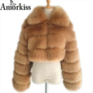 Amorkiss hiver femmes haute qualité manteau de fourrure fausse fourrure veste femme épissé court revers en peluche manteau mode 2021 T220810