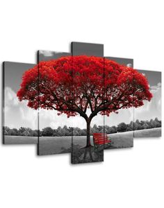 Amosi Art5 panneaux arbre rouge toile peinture mur Art paysage œuvres d'art impressions pour salon chambre décor à la maison en bois encadré Rea69737665