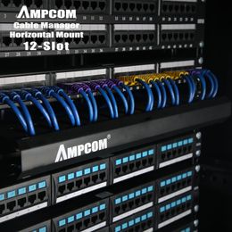 AMPCOM 1U Gestion du câble Montant horizontal Rack de serveur 19 pouces, 12/24 Slot Metal Finger Duct Wire Organisateur avec couvercle