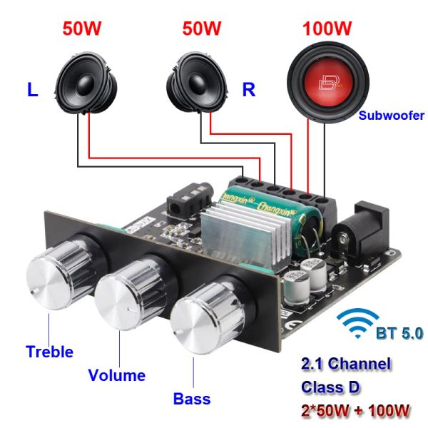 Amplificateur 2.1 CH 50W + 50W + 100W 2.1 CH Power Subwoofer Amplificateur Board Classe D 2.1 CH Home Theatre Audio Stéréo Equaliseur AMP AUX