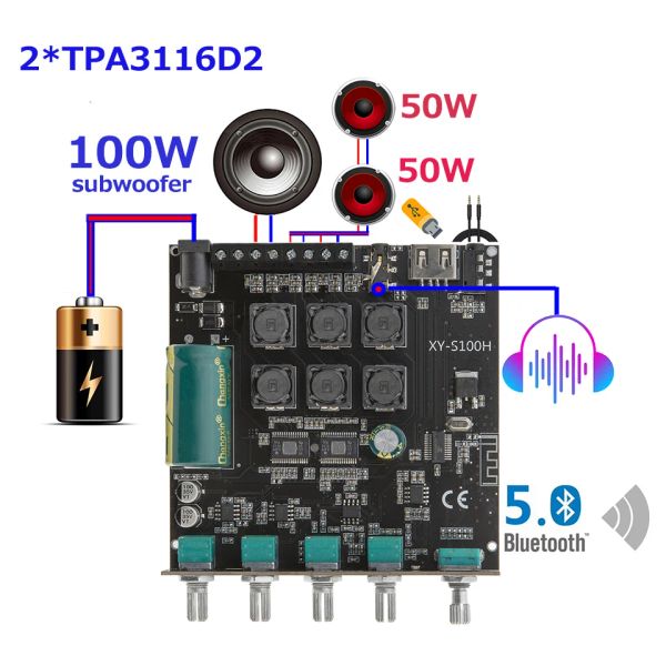 Amplificador 2*50W+100W Bluetooth 5.0 Amplificador de potencia TPA3116D2 Subwoofer de placa 2.0/2.1 CLASE D AUDIO DE AUDIO DE AUDIO AUDIO EQUP USB AMP USB