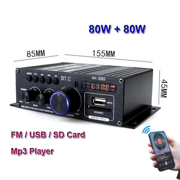 Amplificador 2*80W FM Radio MP3 Player Audio Bluetooth Compatible Amplificador Estereo Equalizador Hifi Class D Decodificador MP3 digital Amp