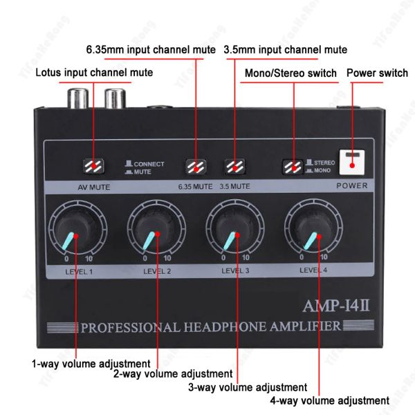 Amplificateur Amplificateur de casque d'amplificateur AMP14 AMP AMP mono / stéréo Audio avec RCA / 6,35 mm / 3,5 mm Contrôle de volume d'entrée pour Studio