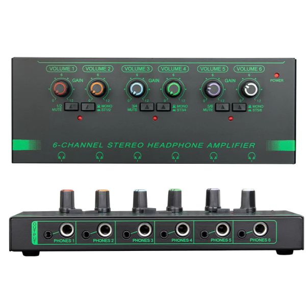 Amplificador 6 canales Amplificador de auriculares estéreo Mini Amplificador de auriculares Portable Ultra Lownoise Audio Mixer para grabar Studio Monitor