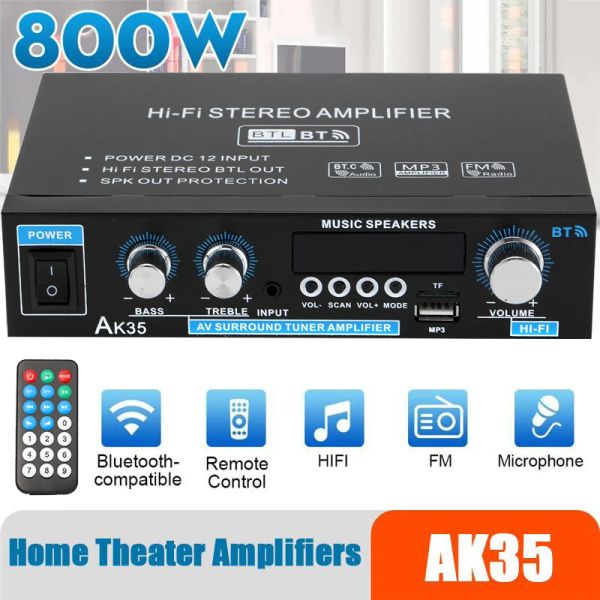 Amplificador AK35 800W Home Digital Amplificadores Audio 110V240V Basco Audio Potencia Bluetooth Amplificador Hifi FM USB Auto Música Subwoofer Altavoces