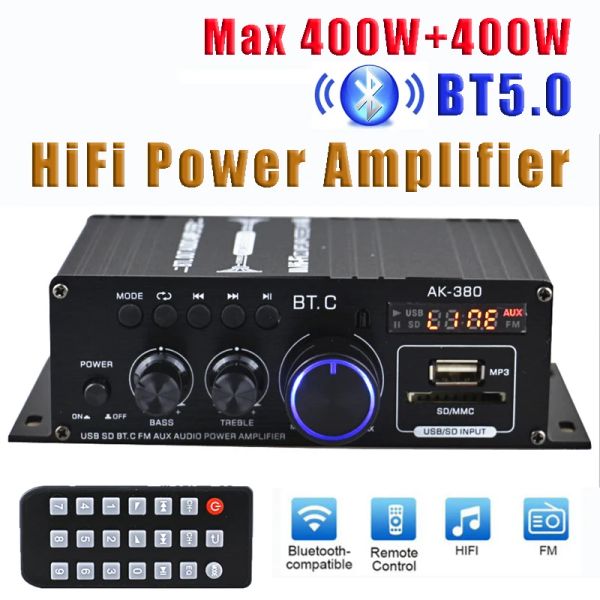 Amplificador AK380 12V Bluetooth Potencia Amplificador Home Car Clase D Hifi AMP MAX 800W STEREO BASS AUDIO ADIO AMPS SOPORE FM MP3 Player USB SD Entrada