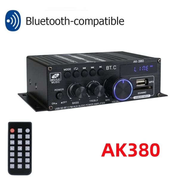 Amplificateur AK380 Bluetooth compatible Amplificateur 2 canaux Amplificateur HiFi Bass 40W + 40W Lecteur de musique USB Aux Karaoké pour la voiture à domicile